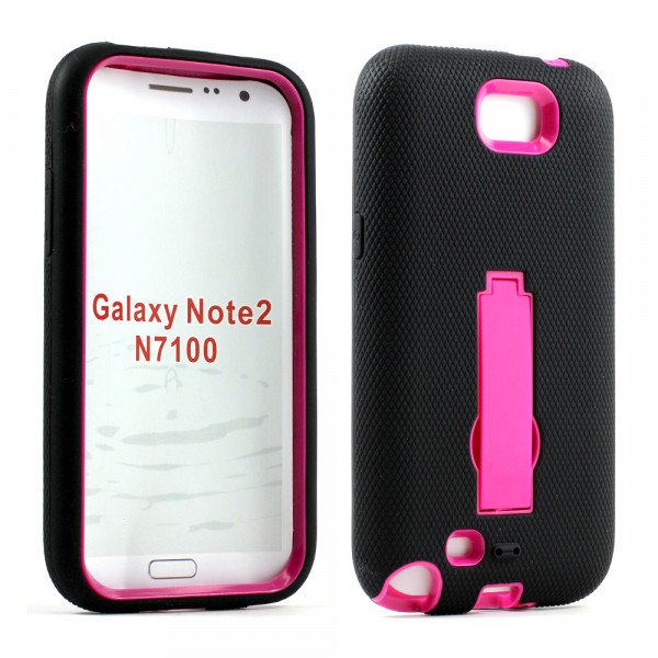 Wholesale Note 2 / N7100 Armor Hybrid Case with Stand (Black-Hotpink)